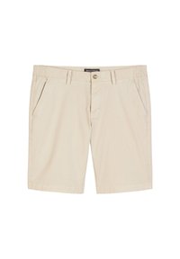 Beige shorts made of cotton blend, featuring an elastic waistband, two front pockets, and a single button closure. Smooth texture, casual design.