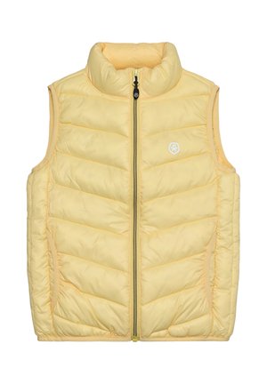 Gilet imbottito giallo con collo alto, motivo trapuntato verticale, cerniera frontale e logo sul lato sinistro del petto.
