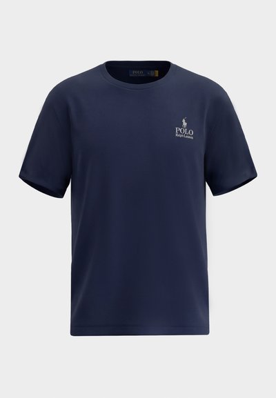 Marineblaue T-Shirt mit kurzen Ärmeln und Rundhalsausschnitt, kleines weißes Polo Ralph Lauren Logo auf der linken Brust.
