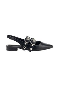 Zapato negro de punta afilada tipo slingback hecho de cuero, con dos detalles de hebilla y un tacón bajo. Textura suave con acentos metálicos.