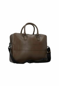 Braune Lederlaptoptasche mit zwei oberen Griffen, verstellbarem Schultergurt und minimalistischer Gestaltung. Verfügt über eine Fronttasche und eine glatte Textur.