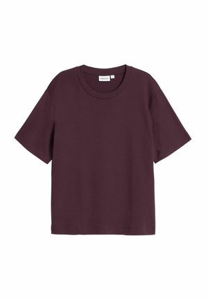 Bordeauxfarbene Baumwoll-T-Shirt mit kurzen Ärmeln, rundem Ausschnitt und lockerer Passform, das ein schlichtes Design ohne Muster oder Akzente aufweist.