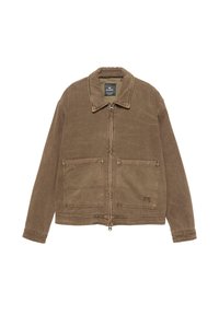 Brun zip-up jakke med krave, to forreste patch-lommer og synlige sømdetaljer. Fremstillet af tekstureret stof.
