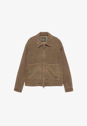 Braune Zip-Jacke mit Kragen, zwei vorderen aufgesetzten Taschen und sichtbaren Steppnähten. Hergestellt aus strukturiertem Stoff.