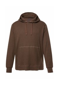 Bruine hoodie gemaakt van textuurstof, met een voorzak, koorden en ribgebreide manchetten. Eenvoudig ontwerp met minimale details.