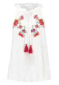 Weiße ärmellose Tunika mit floralem Stickmuster in Rot, Blau und Gelb, mit einem gerafften Ausschnitt und roten Quastenakzenten.