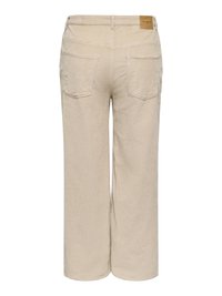 Beežid korduroospüksid, millel on lai säär, viis taskut ja nahast silt tagapool vöökohal. Kareda tekstuuriga kangas, millel on soonilised triibud.