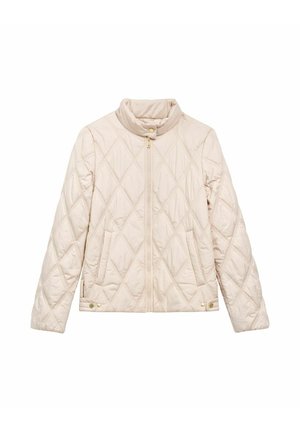 Jasnokremowa pikowana kurtka z kołnierzem mandaryńskim, zamkiem błyskawicznym z przodu na całej długości oraz złotymi elementami ozdobnymi. Posiada wzór w kształcie diamentów oraz boczne kieszenie.