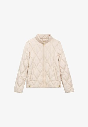 Jasnokremowa pikowana kurtka z kołnierzem mandaryńskim, zamkiem błyskawicznym z przodu na całej długości oraz złotymi elementami ozdobnymi. Posiada wzór w kształcie diamentów oraz boczne kieszenie.