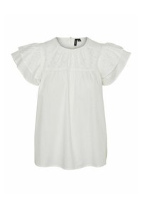 Blusa bianca a maniche corte con maniche arricciate, scollatura rotonda e delicati ricami floreali sulla parte superiore del petto e sulle spalle.