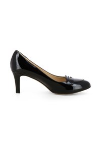 Décolleté in pelle verniciata nera con punta arrotondata e piccola fascia decorativa sul davanti, dotato di un sottile tacco a stiletto.