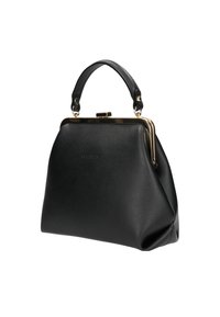 Czarna skórzana torebka o wyraźnym kształcie, z metalową ramką w złotym odcieniu i teksturowaną powierzchnią. Posiada krótki uchwyt oraz zapięcie na klamrę.
