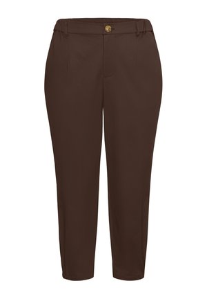 Hnedé, na mieru šité nohavice s rovnými nohavicami, predným zapínaním na gombíky a pútkami na opasok, navrhnuté na formálne alebo kancelárske nosenie.