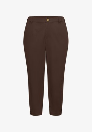 Barna, egyenes szárú, testreszabott nadrágok elöl gombos záródással és övhurkokkal, formális vagy irodai viseletre tervezve.
