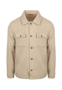 Beige wollen jas met een knoopsluiting aan de voorkant, twee borstzakken en een kraag. Heeft een gestructureerde stof en contrasterende knopen.