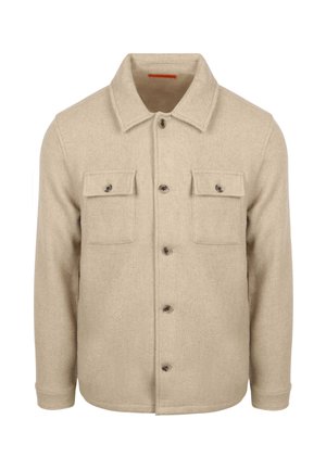 Beige Wolljacke mit geknöpfter Front, zwei Brusttaschen und einem Kragen. Verfügt über einen strukturierten Stoff und kontrastierende Knöpfe.