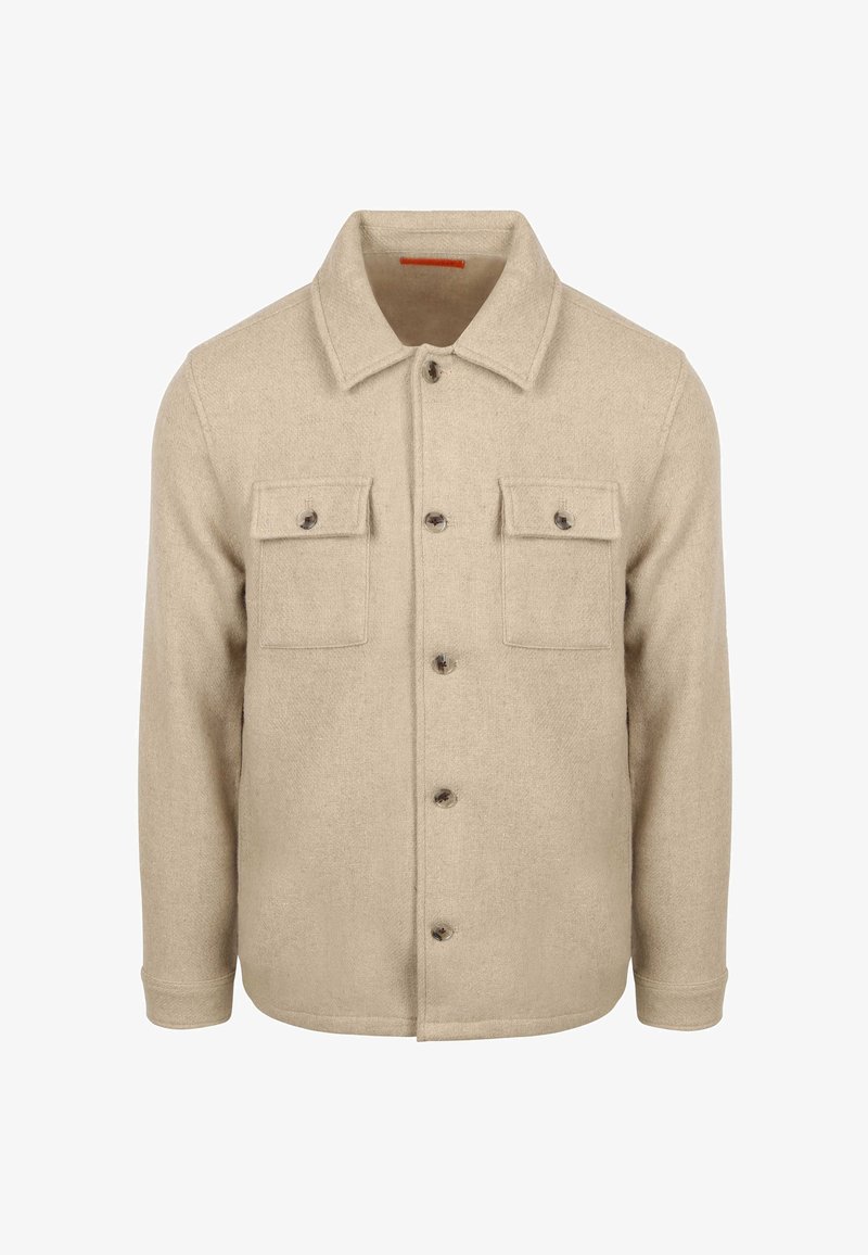 Beige wool jacket with a buttoned front, two chest pockets, and a collar. Features a textured fabric and contrasting buttons.