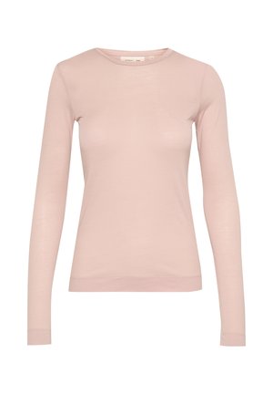 Lichtroze lange mouw t-shirt gemaakt van zachte, gladde stof. Bevat een ronde halslijn en een getailleerd silhouet met minimale stikt details.