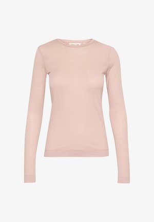 Svetlo roza majica z dolgimi rokavi, izdelana iz mehke in gladke tkanine. Ima okroglo izrez in prilegajoč silhuet, s minimalnimi šiviljskimi podrobnostmi.