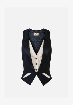 Gilet su misura nero senza maniche con scollo a V profondo, pannello interno bianco, tre bottoni e dettaglio a catena dorata sul colletto.