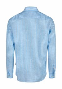 Lichtblauw overhemd met lange mouwen, witte verticale strepen, button-down kraag, afgeronde onderkant en verstelbare manchetten.
