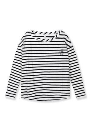 Chemise rayée à manches longues en noir et blanc avec un large décolleté. Présente des rayures horizontales et un logo brodé sur la poitrine.