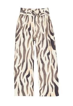 Pantalon à jambes larges en tissu beige avec des rayures zébrées marron foncé et clair, une ceinture nouée et une surface délicatement texturée.