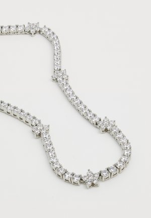 Silver-tone necklace featuring a symmetrical design with round and star-shaped clear gemstones, alternating in a delicate arrangement.