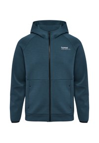 Felpa con cappuccio e zip in blu scuro, realizzata in tessuto testurizzato. Include una zip nera a contrasto, tasche e logo sul petto.