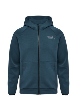 Kapuzensweatshirt mit Reißverschluss in Dunkeltürkis, aus strukturiertem Stoff. Besitzt einen kontrastierenden schwarzen Reißverschluss, Taschen und ein Logo auf der Brust.