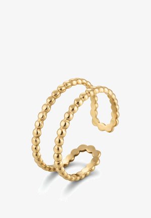 Goldfarbener Doppelspiralring mit Perlenstruktur, der zwei offene Bänder bildet, auf weißem Hintergrund.