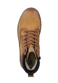 Braune Leder-Ankle-Boots mit runder Zehe, strukturiertem Obermaterial, braunen Schnürsenkeln und metallenen Ösen. Verfügt über einen seitlichen Reißverschluss und ein gepolstertes Innenleben.