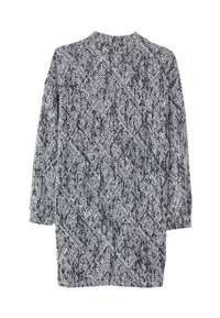 Veste noire et blanche à manches longues avec un motif en zigzag et abstrait, présentant une coupe droite et sans boutons ou fermetures visibles.
