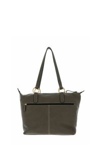 Sac fourre-tout en cuir vert olive avec ferrures dorées, double poignée et poche frontale zippée. Présente des surpiqûres contrastées et une texture lisse.