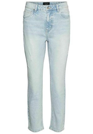 Világoskék farmernadrág egyenes szabással, kopott részletekkel és klasszikus öt zsebes dizájnnal, fémből készült hardware-rel.