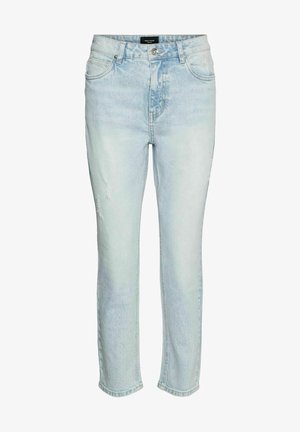 Heledad sinine teksapüksid sirge lõikega, mis on varustatud kulumise detailidega ja klassikalise viie taskuga disainiga, lõpetatud metallist detailidega.