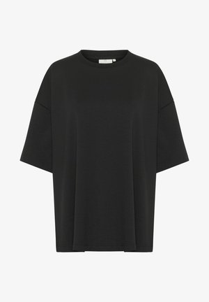T-shirt noir oversize en tissu lisse, avec un col rond, des manches courtes et un ourlet droit sans embellissements.