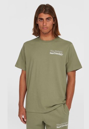 Olive green cotton t-shirt with short sleeves, crew neck, and white text print stating "The Future Surf Society" on the left chest.