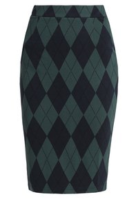 Sukně v kostkovaném vzoru v zelené a tmavě modré barvě, s vypasovaným střihem a texturovanou látkou. Má hladký pás a je ke kolenům.