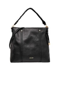 Sac à main en cuir noir avec une finition texturée, une poignée tressée, des accents métalliques dorés et des détails de couture latérale. Comprend une bandoulière amovible.