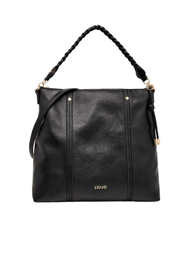 Sac à main en cuir noir avec une finition texturée, une poignée tressée, des accents métalliques dorés et des détails de couture latérale. Comprend une bandoulière amovible.