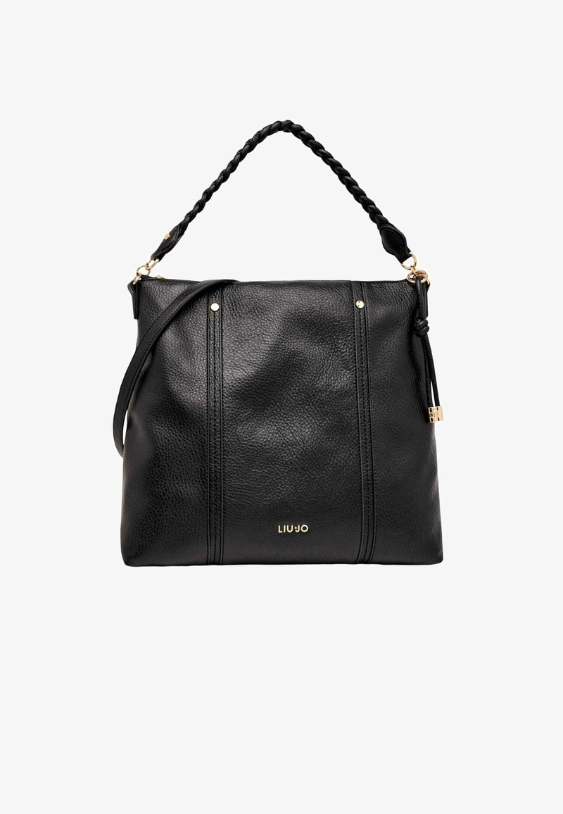 Sac à main en cuir noir avec une finition texturée, une poignée tressée, des accents métalliques dorés et des détails de couture latérale. Comprend une bandoulière amovible.