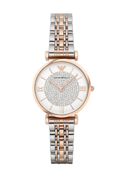 Kahetone hõbedast ja roosast kullast Emporio Armani käekell, millel on kristallidega kaunistatud valge sihverplaat ja rooma numbritega tundide markerid.