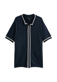 Gebreide poloshirt in donkerblauw met witte afwerking, korte mouwen, knoopsluiting en een ontspannen pasvorm. Gestructureerde stof met een gladde afwerking.