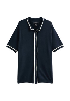 Gebreide poloshirt in donkerblauw met witte afwerking, korte mouwen, knoopsluiting en een ontspannen pasvorm. Gestructureerde stof met een gladde afwerking.