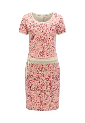 Vestito a maniche corte, lunghezza al ginocchio, con stampa astratta animale rosa, rossa e beige e cintura beige con dettaglio coulisse.