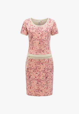 Kortærmet knælange kjole med abstrakt dyreprint i pink, rød og beige samt beige taljebånd med snorejustering.