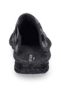 Pantofole grigie in feltro con apertura arrotondata sul retro, sopra in lana testurizzata e suola robusta in gomma nera, con logo sulla soletta.