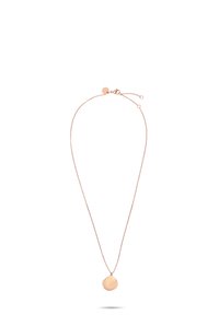 Rose gold halskæde med lagdelte cirkulære vedhæng, hængende fra en fin kæde med en justerbar lås. Enkel og minimalistisk design.