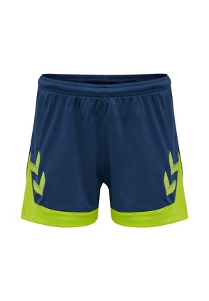 Marineblå atletikshorts med neon grønne sidepaneler og chevron-formede accenter, med elastisk talje og sporty design.